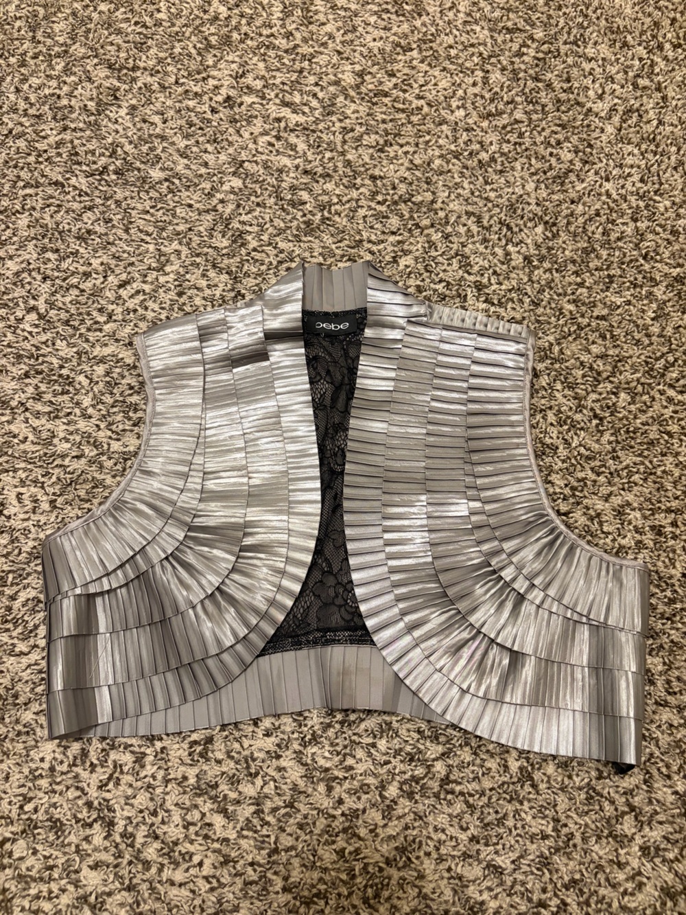 Vintage Y2K bebe Silver Pleated Lace-Panel Vest